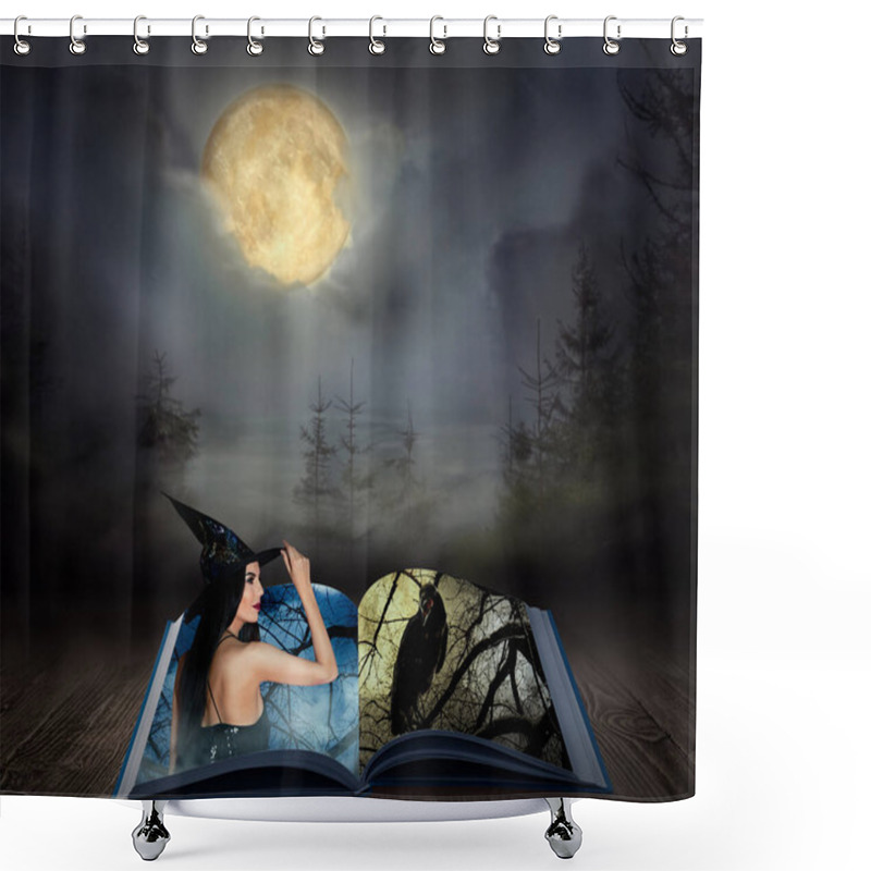 Personality  Fantasy World. Open Book Of Fairytales With Witch And Black Crow On Pages Shower Curtains