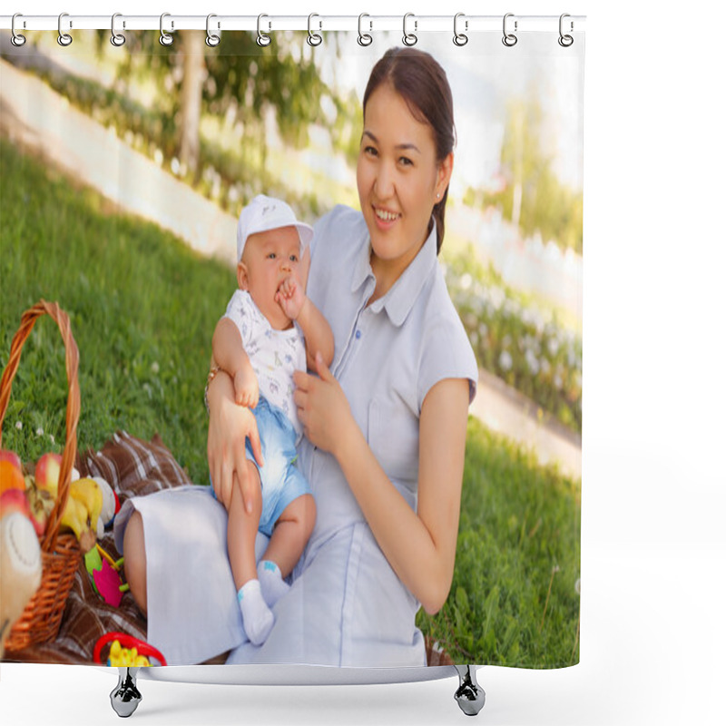 Personality  Cute Little Baby Boy With Mother On Picnic In The Summer Park Shower Curtains