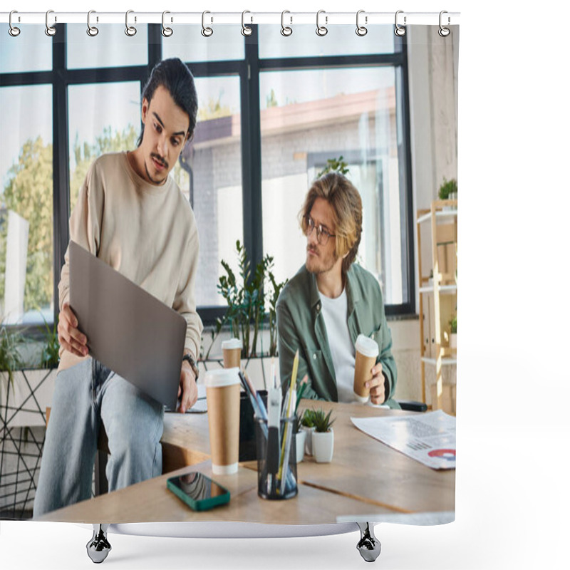 Personality  Two Young Businessmen Focused On A Project Near Laptop In Office Shower Curtains