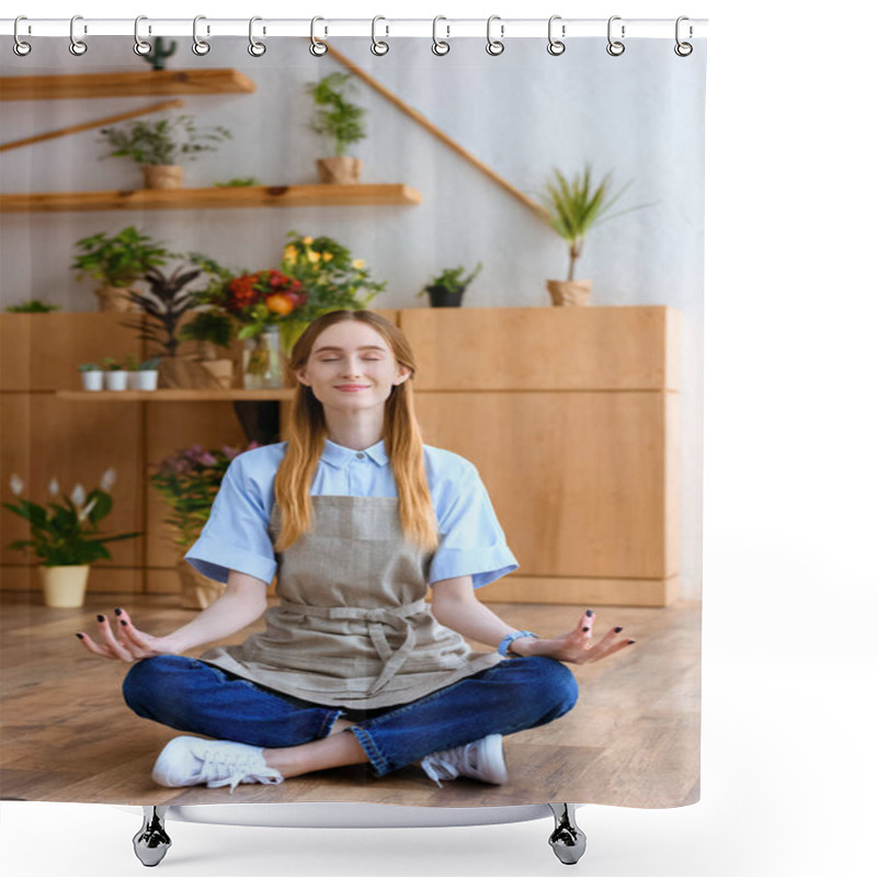 Personality  Smiling Young Florist In Apron Sitting In Lotus Position On Floor In Flower Shop Shower Curtains