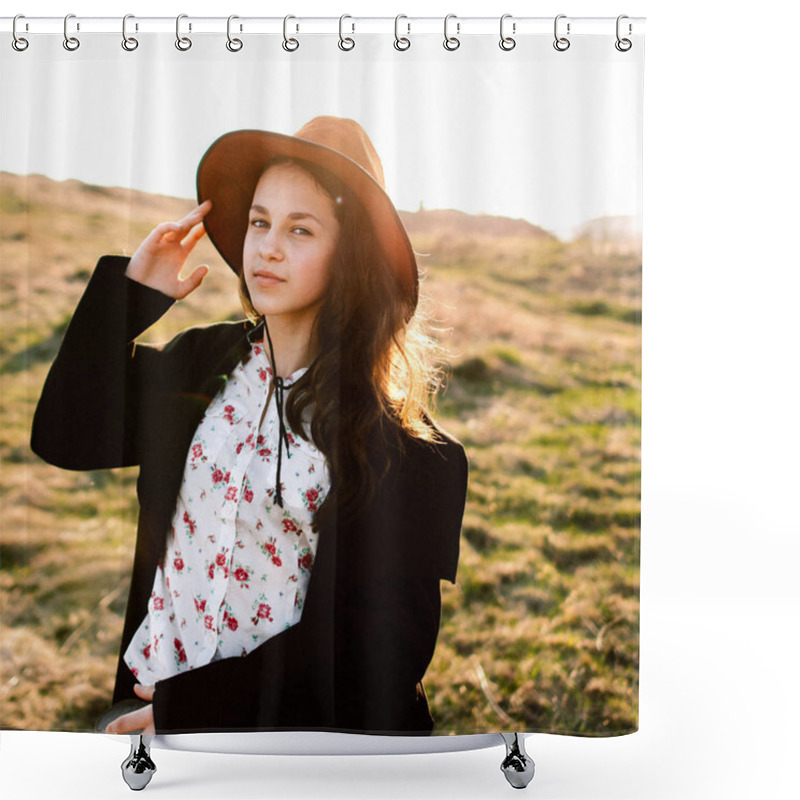 Personality  Beautiful Girl Walks In Mountains Shower Curtains