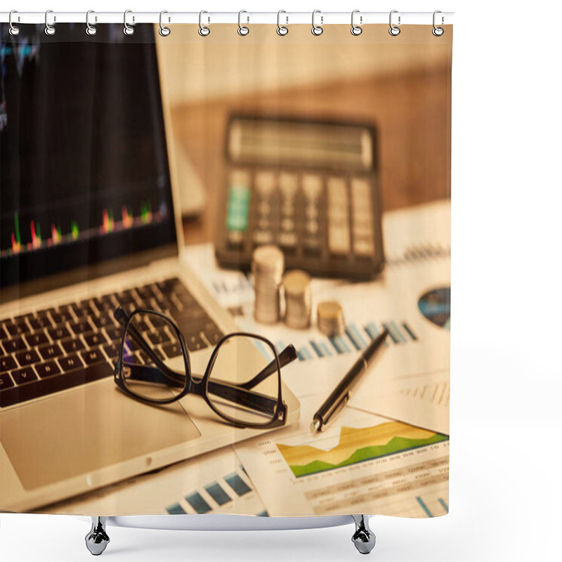 Personality  Selective Focus Of Laptop, Coins, Papers, Glasses, Pen And Calculator On Table    Shower Curtains