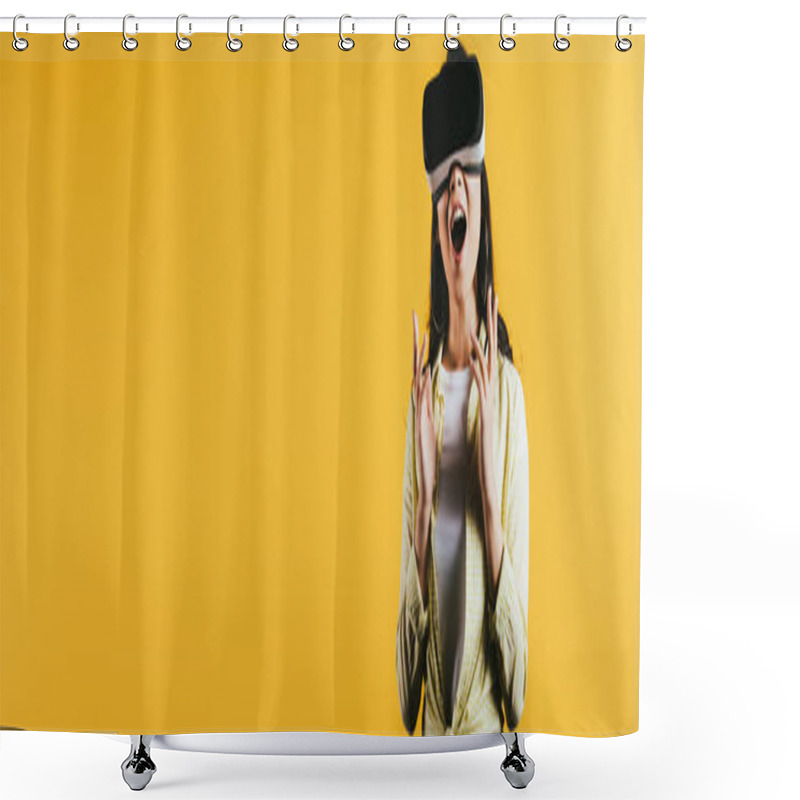 Personality  Surprised Girl In Virtual Reality Headset, Isolated On Yellow Shower Curtains