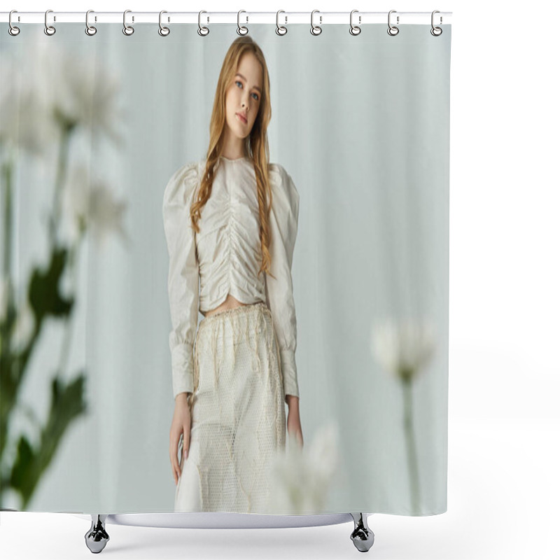 Personality  A Graceful Young Woman Stands Elegantly Among Soft Floral Blooms. Shower Curtains