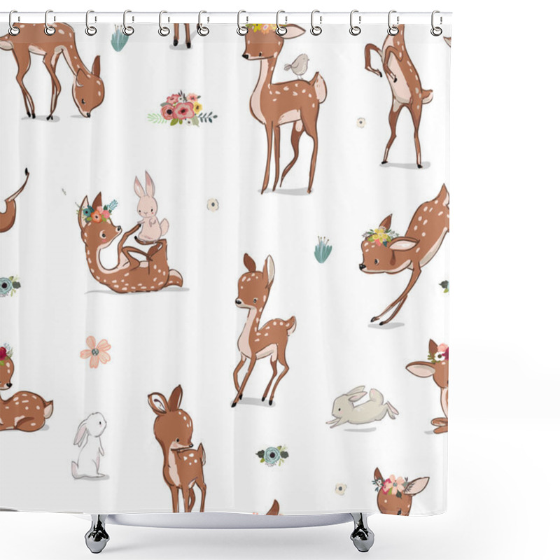 Personality  Seamless Pattern With Little Deer And Hare Shower Curtains