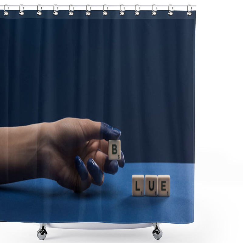 Personality  Cropped View Of Female Hand With Painted Fingers Near Cubes With Blue Lettering Isolated On Blue Shower Curtains