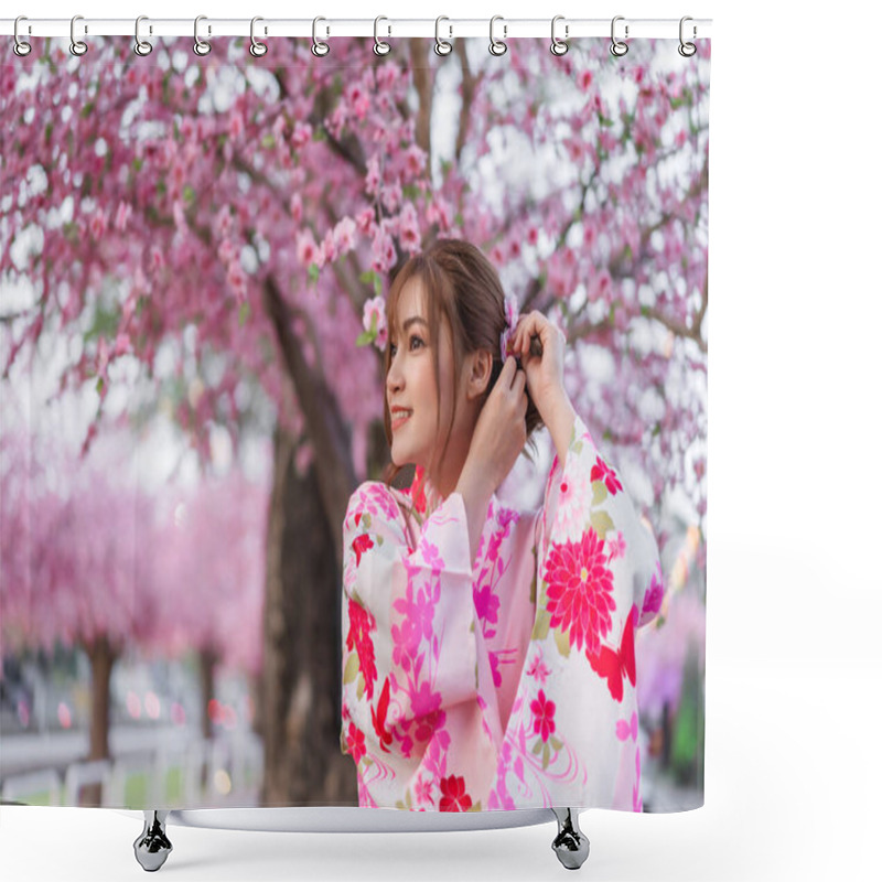 Personality  Woman In Yukata (kimono Dress) Looking Sakura Flower Or Cherry Blossom Blooming In The Garden Shower Curtains