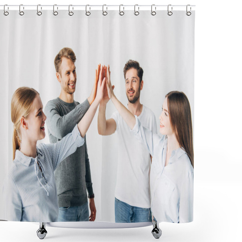 Personality  Young Coworkers High Five And Smiling In Office  Shower Curtains