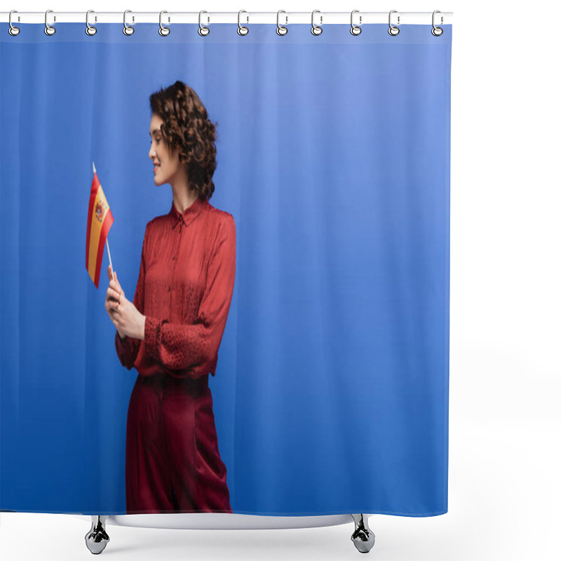 Personality  Happy Language Teacher With Curly Hair Holding Flag Of Spain Isolated On Blue  Shower Curtains