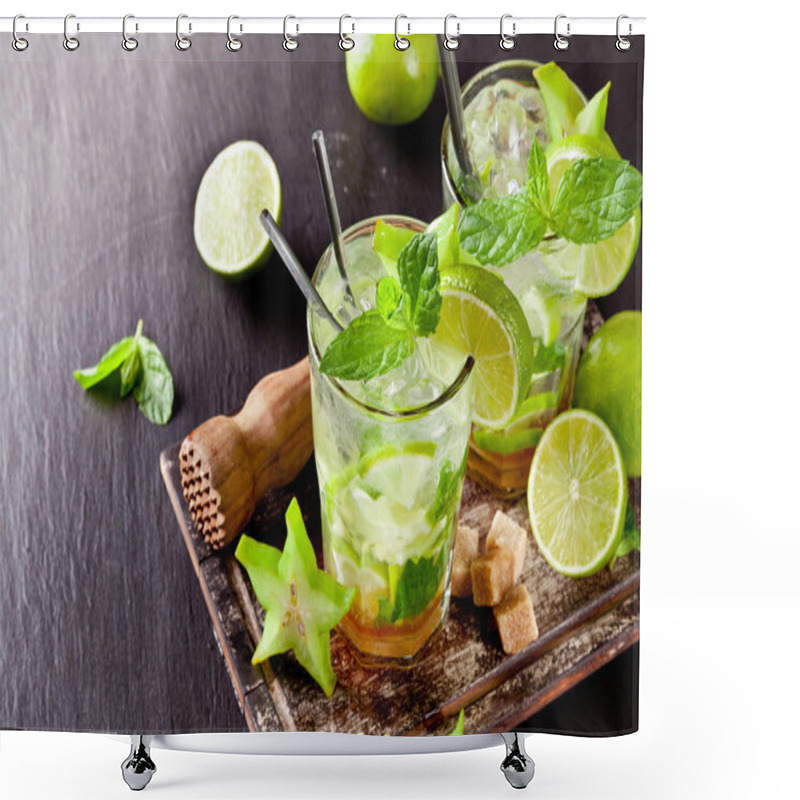 Personality  Fresh Mojito Drinks On Black Stone Shower Curtains