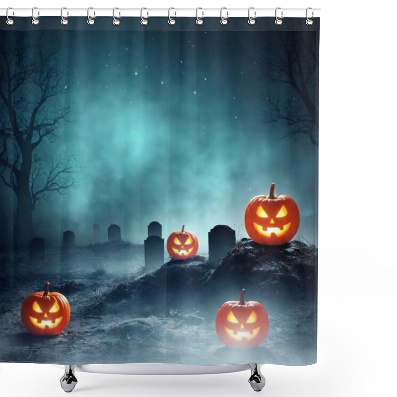 Personality  Spooky Halloween Poster Featuring Glowing Pumpkins And Eerie Mist Effects. Shower Curtains