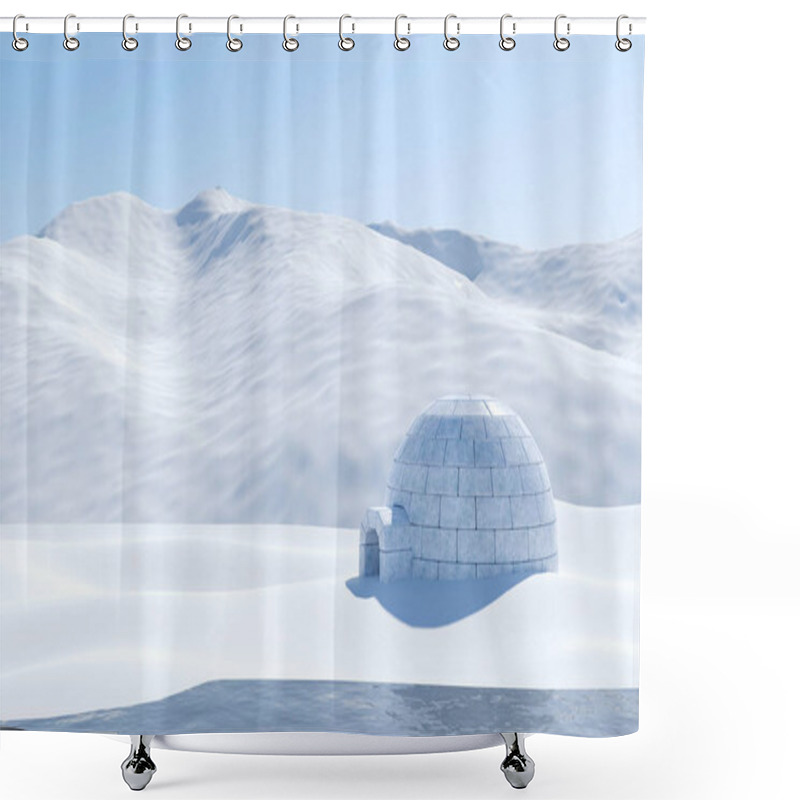 Personality  Igloo Isolated In Snowfield With Lake And Snowy Mountain, Arctic Landscape Scene Shower Curtains