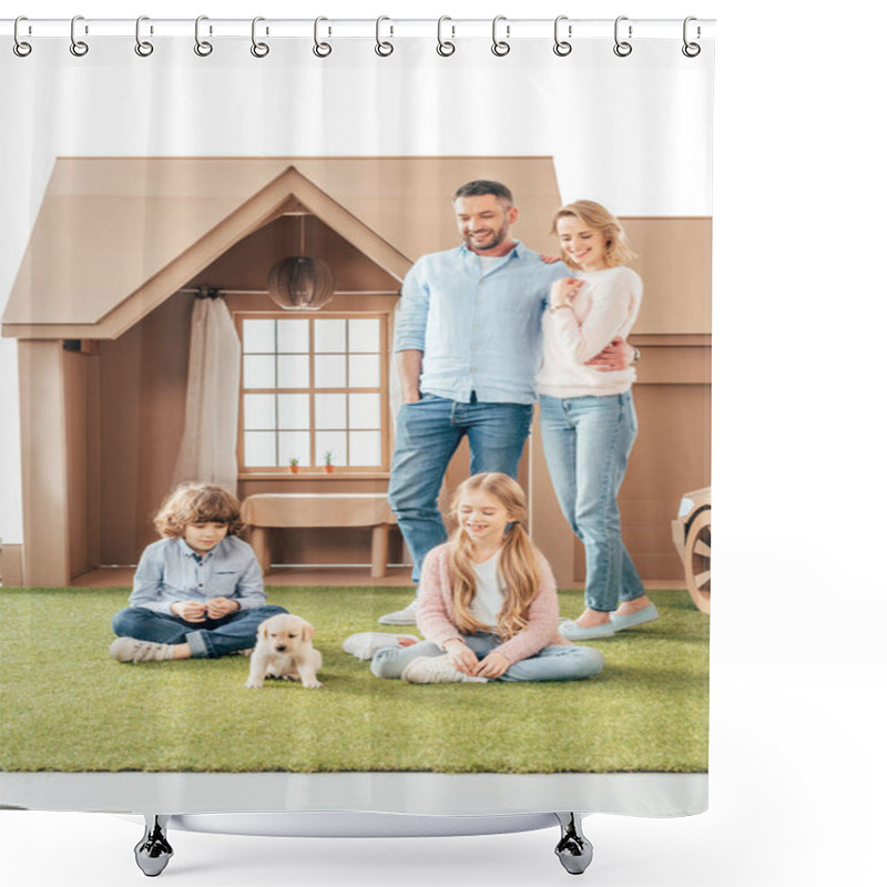 Personality  Young Family With Cute Puppy On Yard Of Cardboard House Isolated On White Shower Curtains