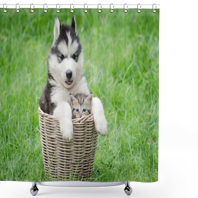 Personality  Cute Puppy And Kitten In Basket  Shower Curtains