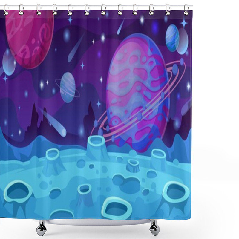 Personality  Fantasy Planet Surface. Extraterrestrial Landscape With Craters, Comets And Rocks, Futuristic Animation Galaxy World For Game Vector Concept Shower Curtains