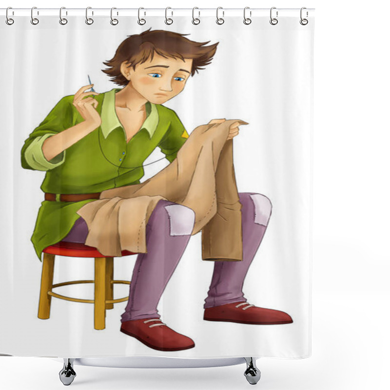 Personality  Cartoon Boy - Sitting And Working Sewing Handsome Manga Boy - Illustration For Children Shower Curtains