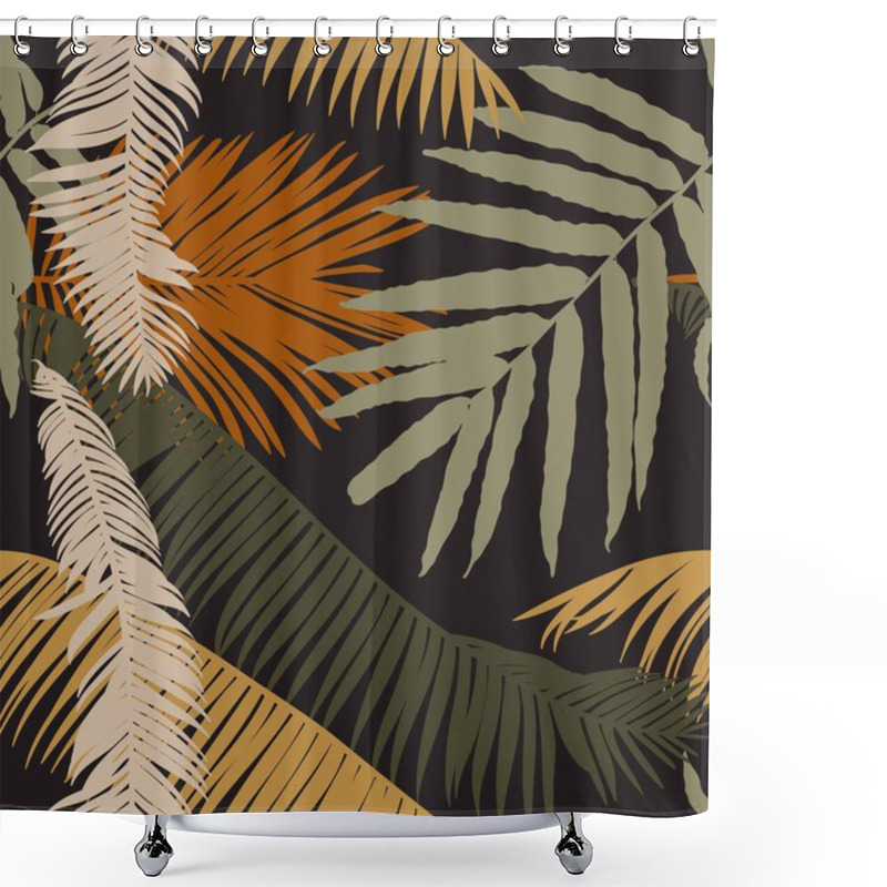 Personality  Fashionable Seamless Tropical Pattern With Green Brown Tropical  Palms Leaves On A Black Background. Beautiful Exotic Plants. Trendy Summer Hawaii Print.  Shower Curtains