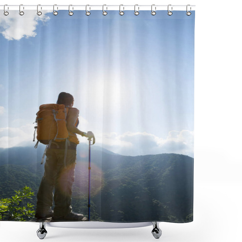 Personality  Successful Woman Hiker Enjoying The View At Mountain Peak Shower Curtains