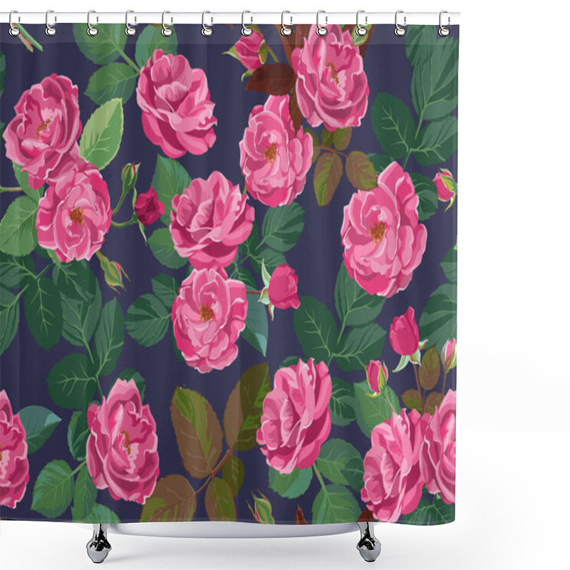 Personality  Peonies And Roses In Bloom, Flourishing Flowers With Leaves. Pink Bouquets With Foliage And Stems. Decorative Seamless Pattern, Background Or Print For Cards And Wrapping. Vector In Flat Style Shower Curtains