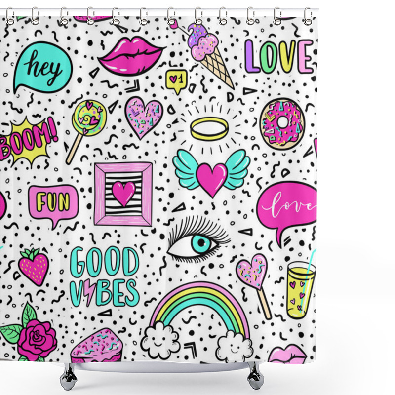 Personality  Vector Seamless Pattern With Fashion Fun Patches: Lip, Star, Strawberry, Speech Bubble On Background. Pop Art Stickers, Patches, Pins, Badges 80s-90s Style Shower Curtains