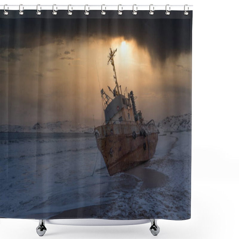 Personality  An Abandoned Fishing Schooner That Was Washed Ashore By A Storm. Barents Sea, The Kola Peninsula, Teriberka, Russia Shower Curtains