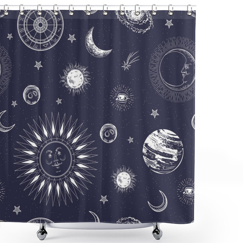 Personality  Seamless Pattern. The Face Of The Sun And Moon. Eye With Rays, Planets, Comets, Stars. Shower Curtains