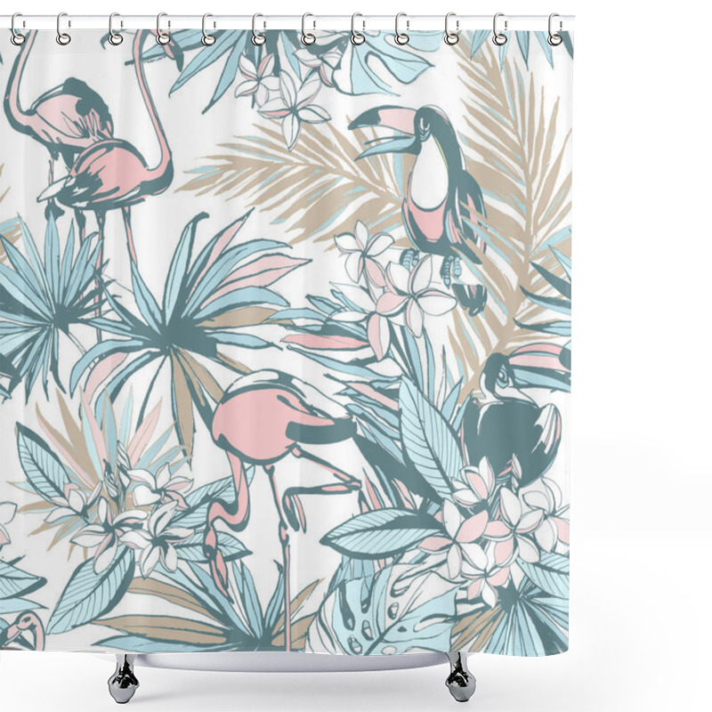 Personality  Hand Drawn Tropical Seamless Pattern Ink Palm Leaves Toucan Flamingo. Shower Curtains