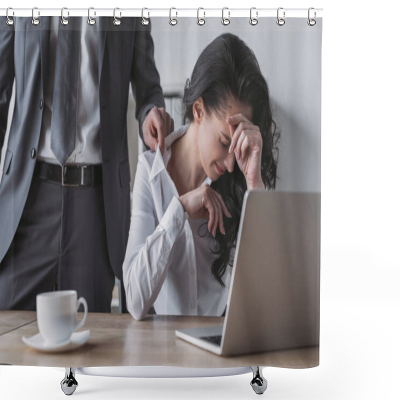 Personality  Cropped View Of Businessman Touching Blouse Of Dissatisfied Secretary Sitting At Workplace And Touching Head Shower Curtains