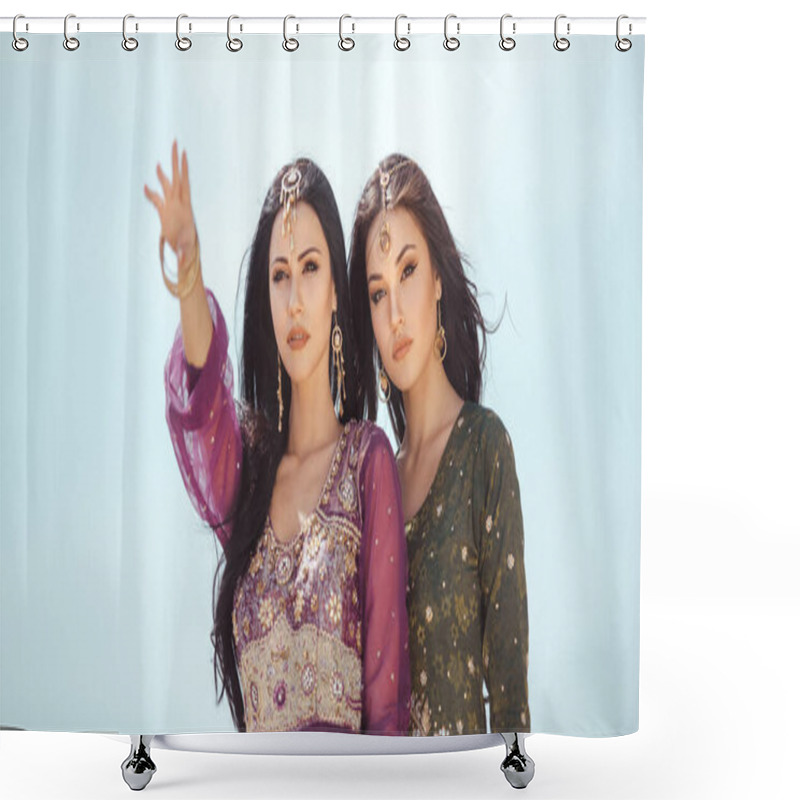 Personality  Travel Concept. Two Gordeous Women Sisters Traveling In Desert. Arabian Indian Movie Stars. Shower Curtains