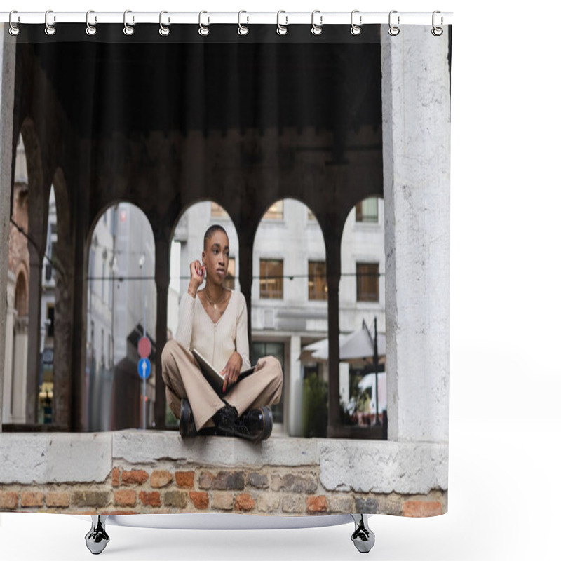 Personality  Fashionable African American Woman Holding Notebook On Street In Treviso Shower Curtains