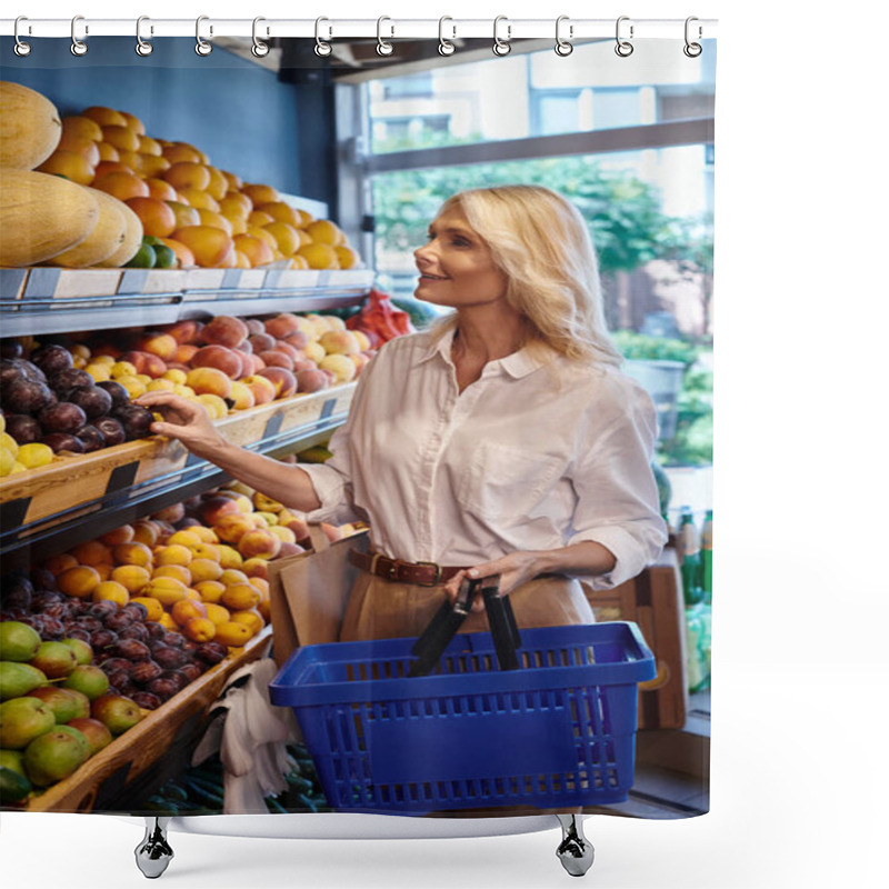 Personality  Attractive Mature Woman With Shopping Bag And Basket Looking At Fruit Stall At Grocery Store Shower Curtains