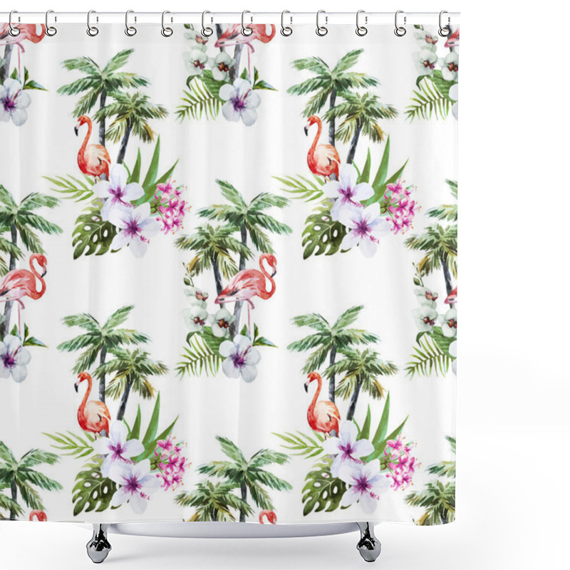 Personality  Flamingo With Palms And Flowers Shower Curtains