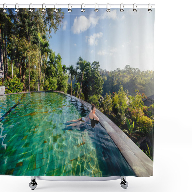 Personality  Portrait Of Beautiful Woman In Luxurious Resort. Young Girl Taking A Bath And Relaxing At Infinity Swimming Pool Shower Curtains