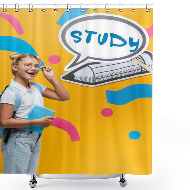 Personality  Schoolkid With Backpack And Eyeglasses Standing Beside Speech Bubble With Study Lettering And Paper Craft On Yellow  Shower Curtains