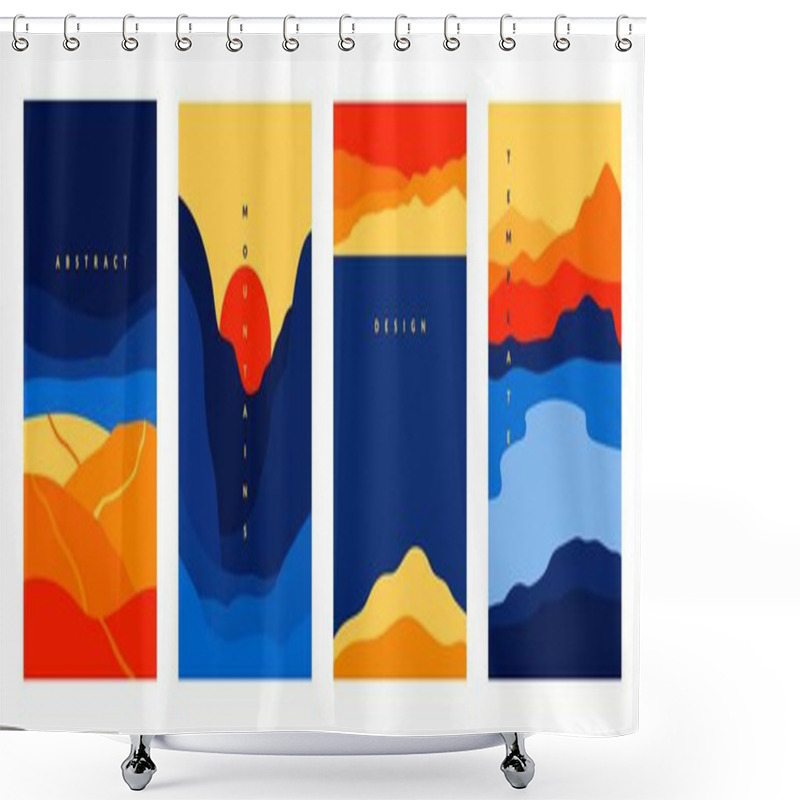 Personality  Mountains And Sea Poster. Abstract Geometric Landscape Banners With Minimalist Shapes And Curved Lines. Vector Scenes With Mountains Hills Sea And Shower Curtains