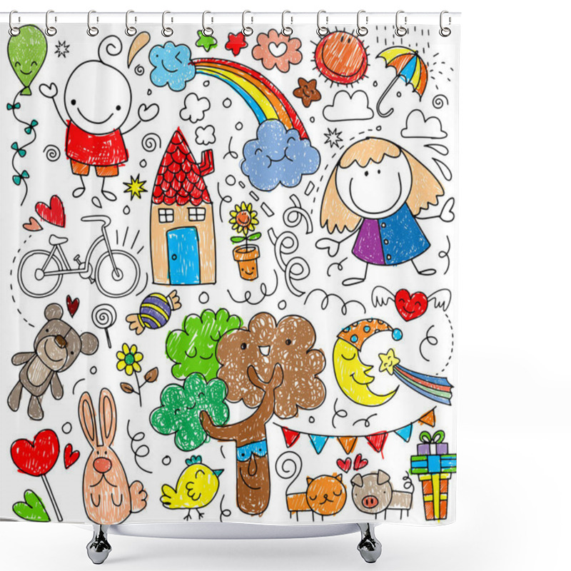 Personality  Collection Of Cute Children's Drawings Of Kids, Animals, Nature, Shower Curtains