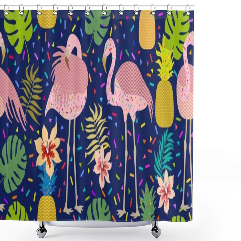 Personality  Colorful Tropical Print. Seamless Vector Pattern With Pink Flamingos And Golden Pineapples.  Shower Curtains