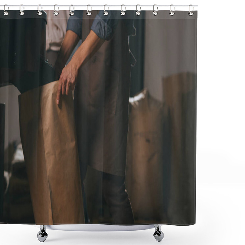 Personality  Partial View Of Worker In Apron With Paper Bags Of Coffee Beans Shower Curtains