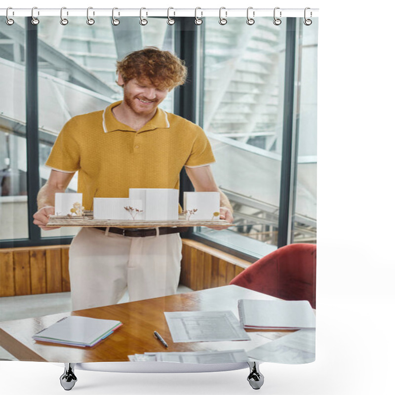 Personality  Red Haired Man Smiling And Holding Architecture Model With Glass On Background, Design Bureau Shower Curtains