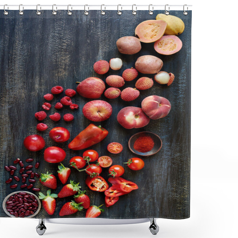 Personality  Vegetables And Fruits On Wooden Table Shower Curtains