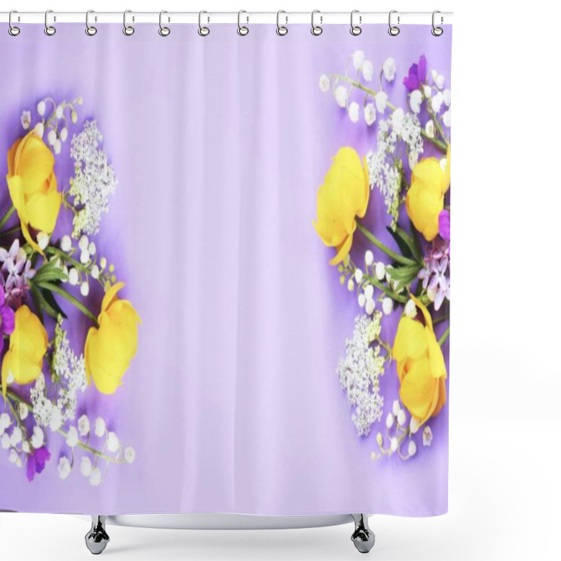 Personality  A Festive Spring Bouquet With Yellow Trollius And White Lilies Of The Valley On A Lilac Background. Soft Pastel Shades. Background For A Greeting Card. Shower Curtains