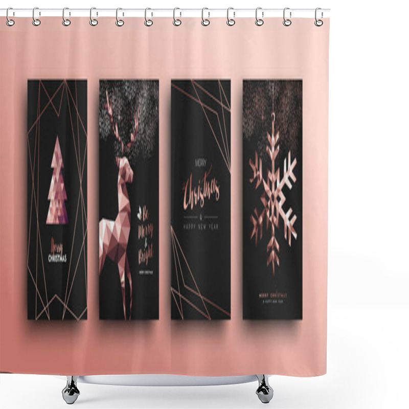 Personality  Merry Christmas Pink Copper Template Set With Holiday Reindeer And Xmas Bronze Elements In Low Poly Style. Ideal For Greeting Card, Poster Or Web Design. Shower Curtains