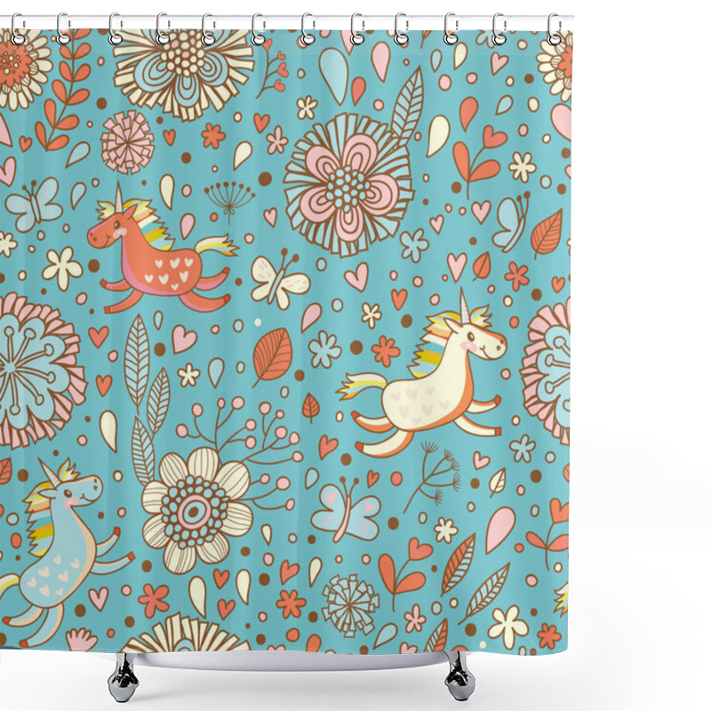 Personality  Cute Floral Seamless Pattern With Small Rainbow Unicorns. Shower Curtains