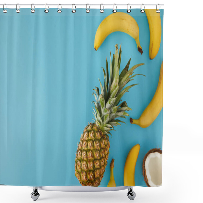 Personality  Top View Of Fresh Coconut, Bananas And Pineapple Isolated On Blue Shower Curtains