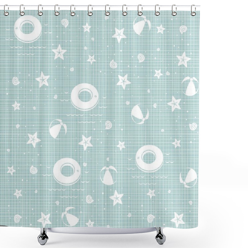 Personality  Seaside Beach Shells Starfishes Swim Ring Inflatable Ball Delicate Summer Holiday Monochrome Seamless Pattern On Blue Background Shower Curtains