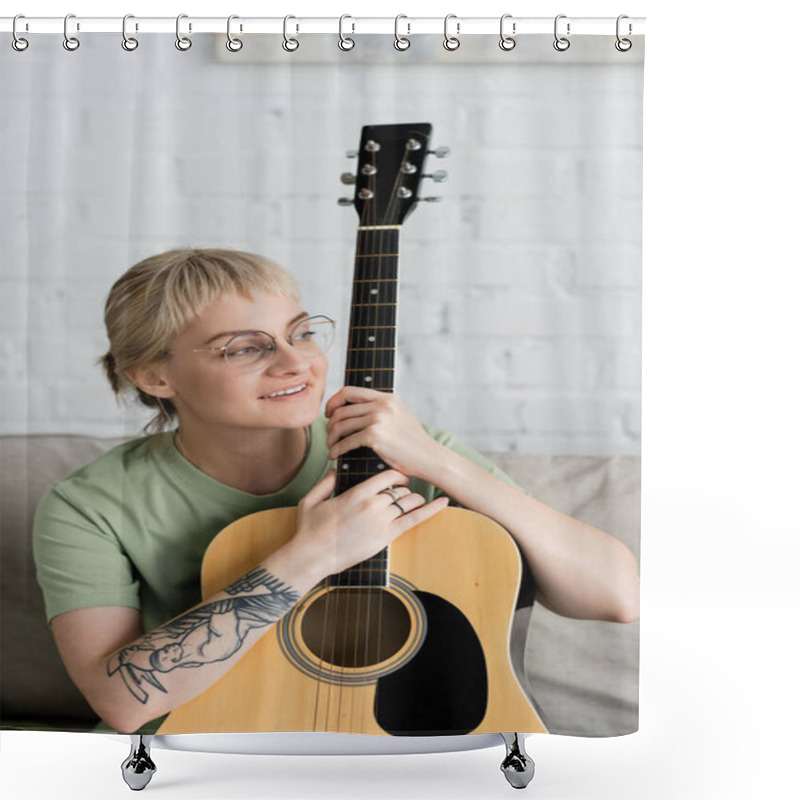 Personality  Happy Young Woman In Glasses With Bangs Holding Acoustic Guitar And Sitting On Comfortable Couch In Modern Living Room, Learning Music, Skill Development, Music Enthusiast, Look Away Shower Curtains