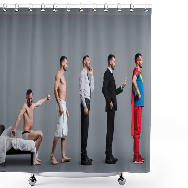 Personality  Collage Of Man Waking Up, Businessman Talking On Smartphone And Superhero In Mask  Standing On Grey, Evolution Concept  Shower Curtains