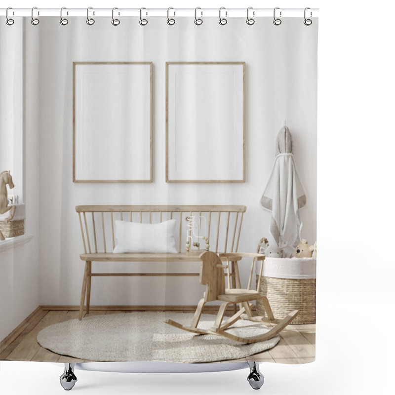 Personality  Mock Up Frame In Children Room With Natural Wooden Furniture, Farmhouse Style Interior Background, 3D Render Shower Curtains