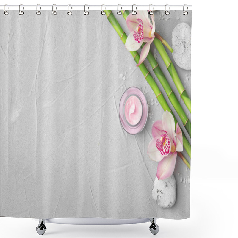 Personality  Composition With Bamboo Branches And Flowers On Light Background, Top View. Space For Text Shower Curtains