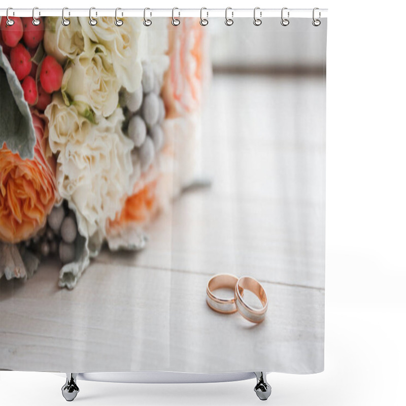 Personality  Wedding Rings And A Wedding Bouquet Lie On A White Wooden Windowsill Shower Curtains